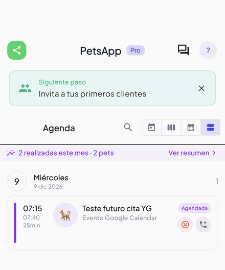 La agenda del día en la app: cada cita con su duración real, el pet y el estado.