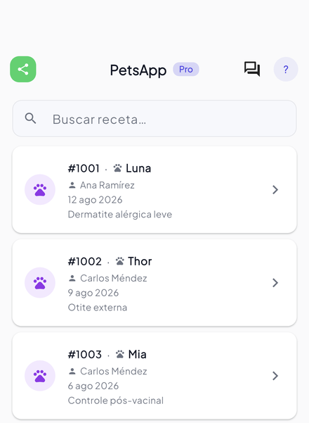 Registro clínico por paciente, con fecha y diagnóstico — buscable, no un cuaderno.