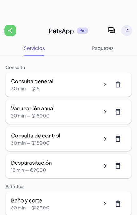 Servicios con duración y precio propios: la agenda calcula el hueco correcto.