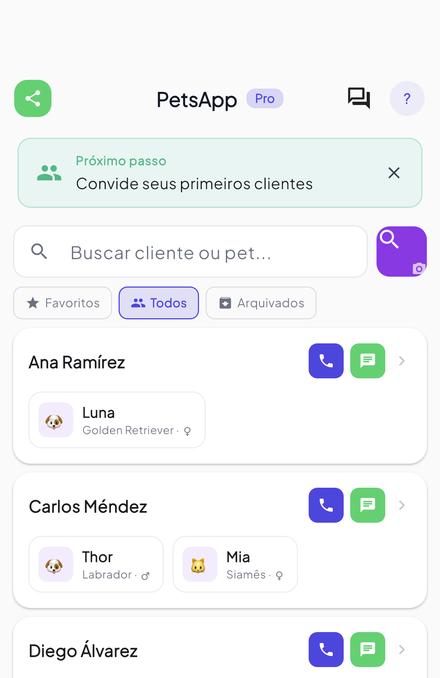 Ficha do cliente e do pet: quem é, qual animal e o histórico, sem procurar no chat.