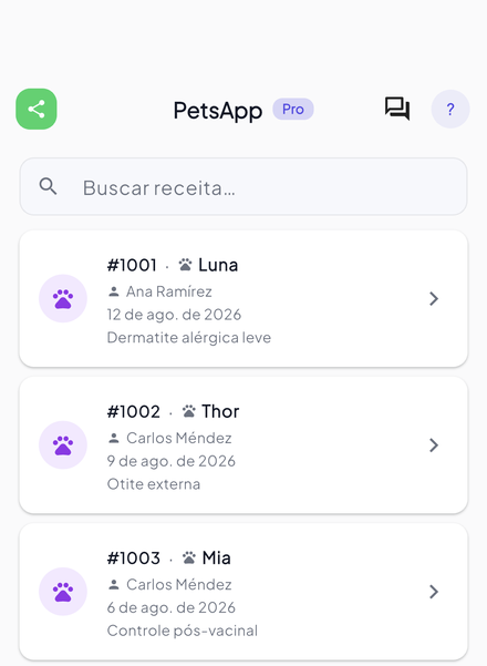 Registro clínico por paciente, com data e diagnóstico — pesquisável, não um caderno.