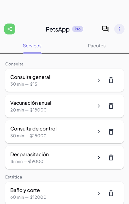 Serviços com duração e preço próprios: a agenda calcula o encaixe certo.