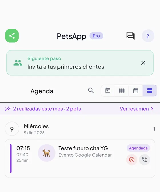 La agenda del día en la app: cada cita con su duración real, el pet y el estado.