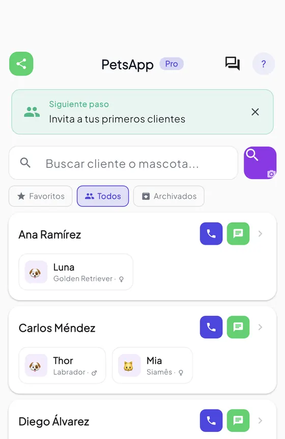 Ficha de cliente y mascota: quién es, qué animal trae y su historial, sin buscar en el chat.