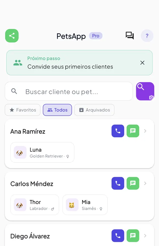 Ficha do cliente e do pet: quem é, qual animal e o histórico, sem procurar no chat.