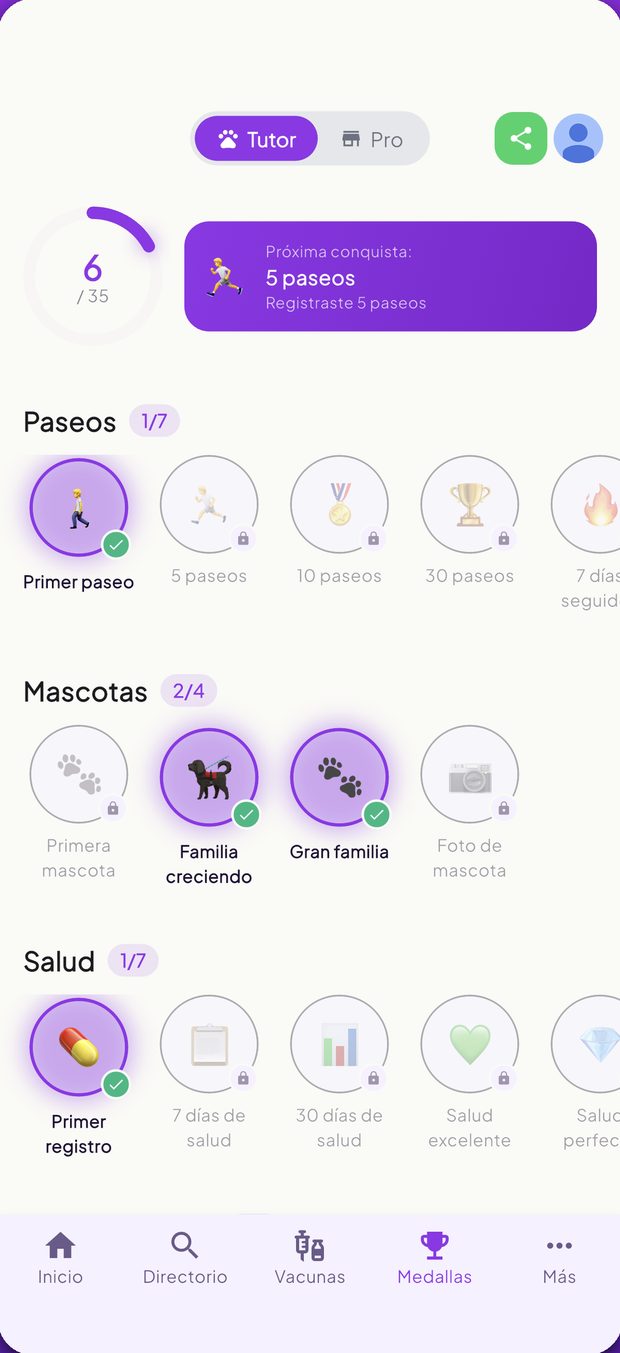 Pantalla de medallas de la app PetsApp