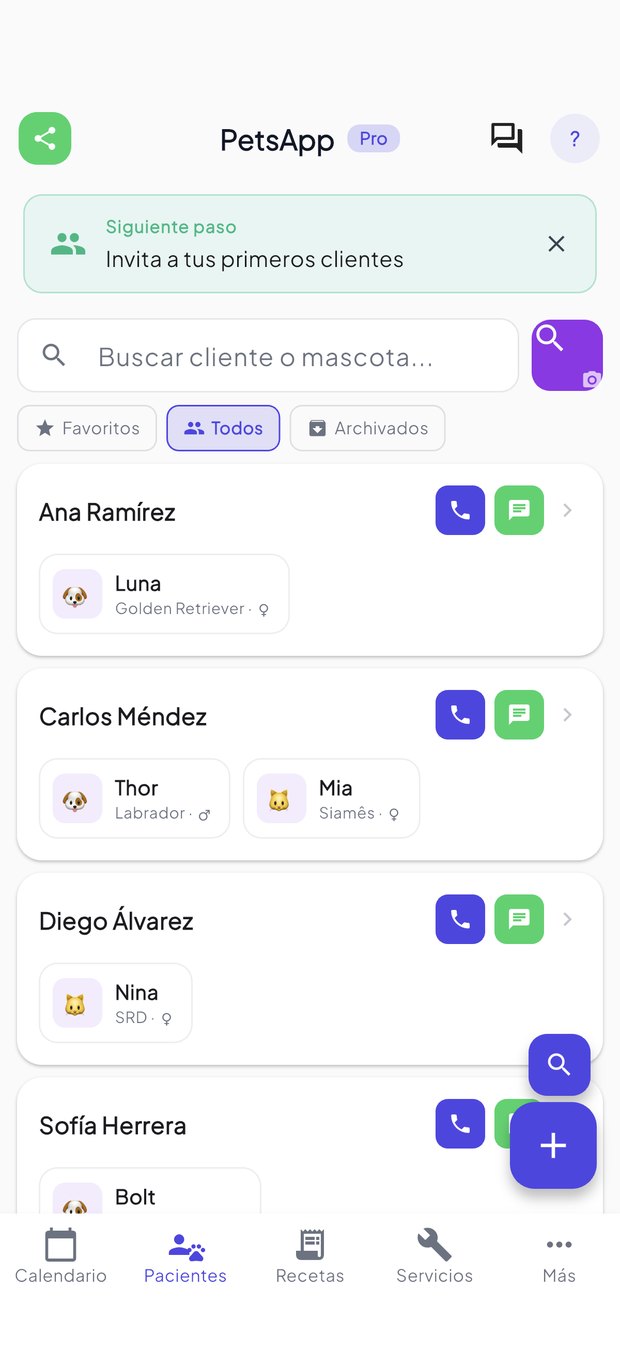 Lista de clientes no app PetsApp