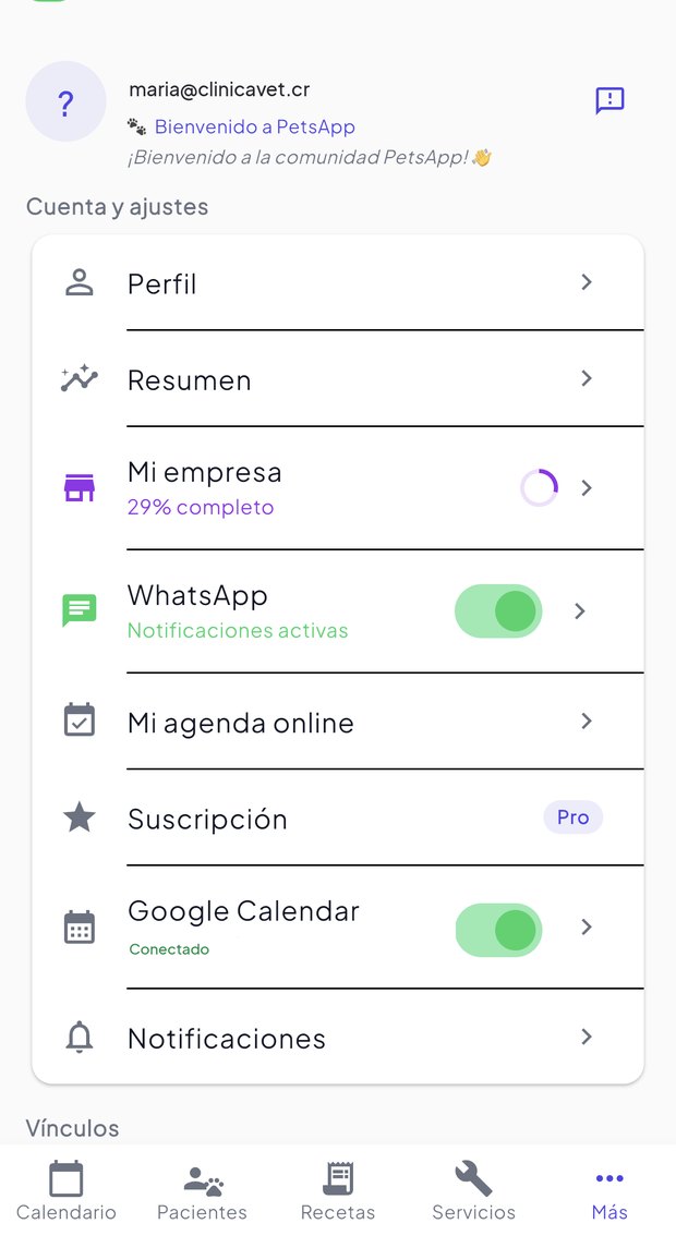 Ajustes del profesional no app PetsApp