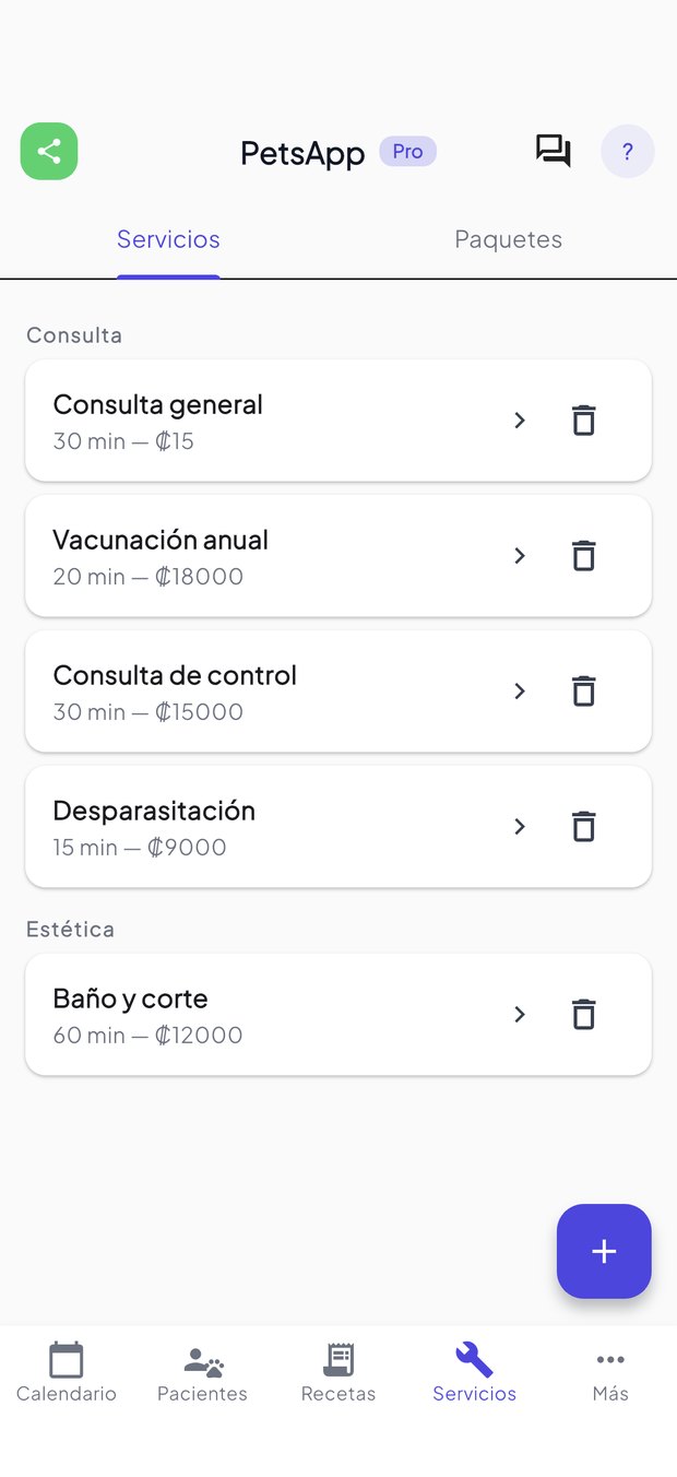 Servicios y precios no app PetsApp