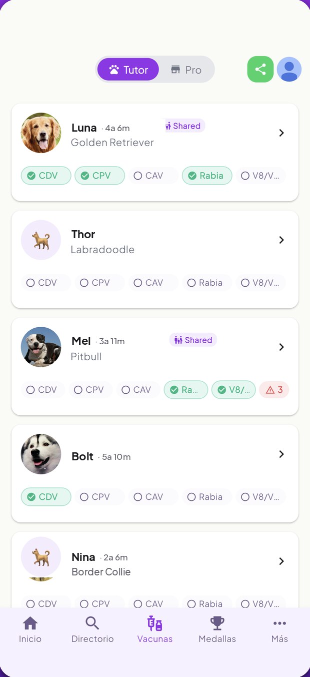 Pantalla de vacunas de la app PetsApp